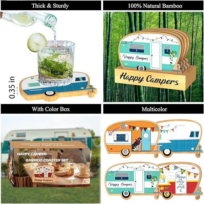 4Pcs RV Camper Coasters Set, Camper Decor, Bamboo Coasters Set Suitable for Kinds of Cups, Modern Style Coasters for Coffee Table, Camping Gifts for Camper Lovers Women Men