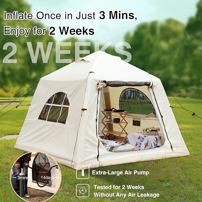 2025 Upgraded Waterproof Inflatable Camping Tent, Large Blow-Up Air Tent, No Assembly Needed Luxury Glamping House, Oxford Fabric