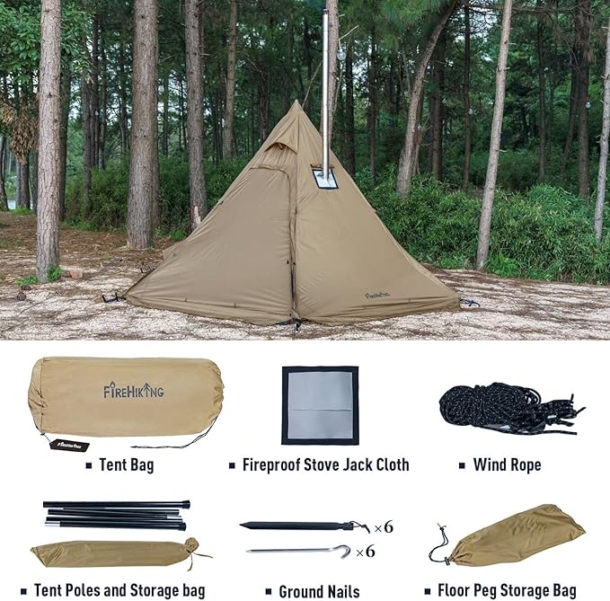 FIREHIKING Camping Hot Tent 2-4 Person Teepee Tent with Stove Jack for Backpacking Hunting 11'6" x 6'11" | with Stove Jack, for Backpacking, Hunting