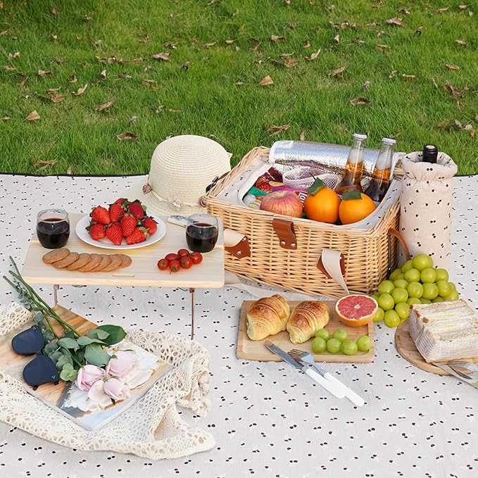HappyPicnic Picnic Basket for 2, Handmade Wicker Picnic Set with Folding Table and Waterproof Blanket, Large Insulated Picnic Basket with Wine Bag & Cutlery Kit for Picnic, Camping, Holidays (Flower)
