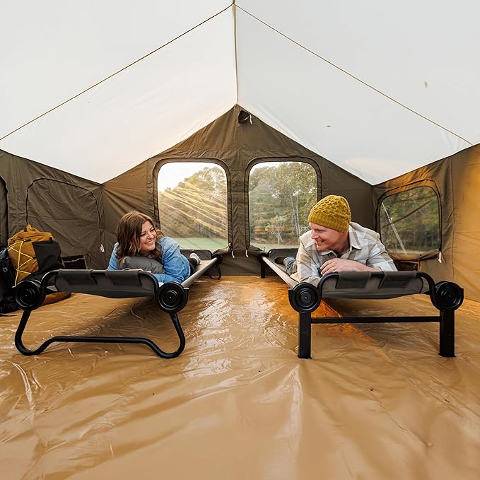 Disc-O-Bed Extra Large Outdoor Convertible 2 Person Bench and Double Camping Cot Portable Bed for Adults, Tan