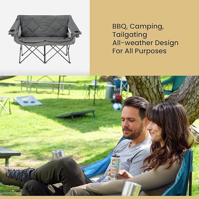 ARROWHEAD OUTDOOR Portable Folding Double Duo Camping Chair Loveseat w/ 2 Cup & Wine Glass Holder, Carrying Bag, Supports up to 500lbs