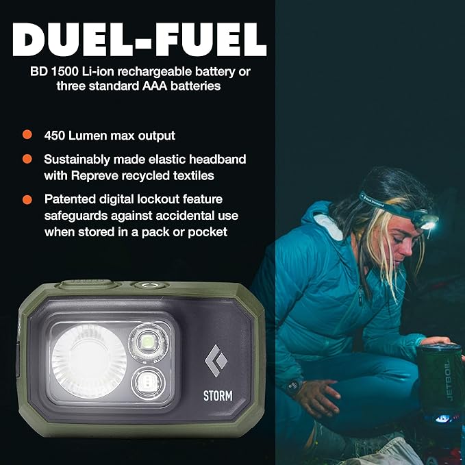 BLACK DIAMOND Storm 450 Headlamp | 450 Lumens Brightness | Waterproof & Dimmable | 3X AAA Battery Operated (Included | Camping, Hiking, Running | Dark Olive