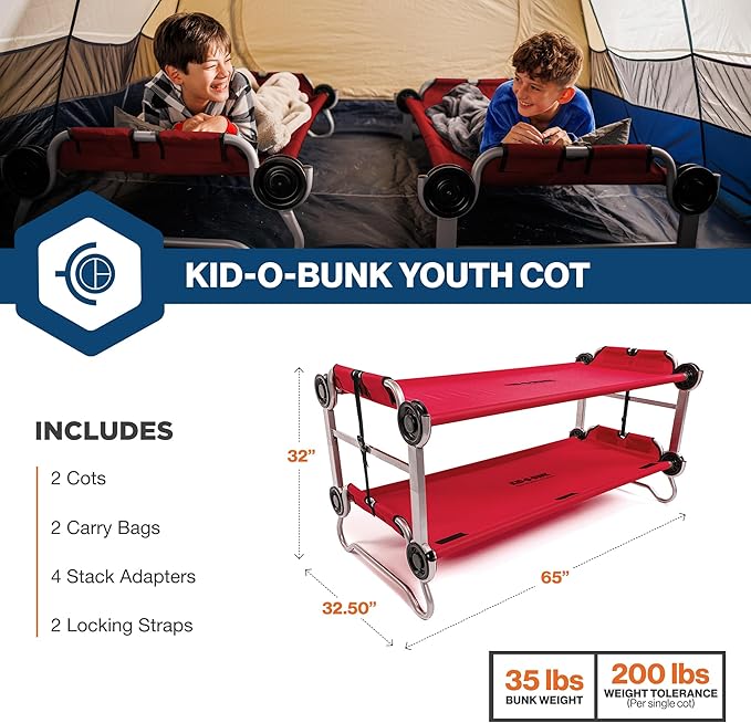 Disc-O-Bed Youth Double Cot Kid-O-Bunk, Modular for Bunk Beds, Dual Cots, or Bench with 2 Carry Bags for Portable Transport