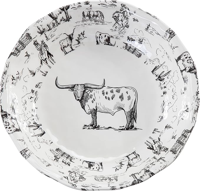 Paseo Road Ranch Life 14 Piece Melamine Plastic Dinnerware Set with Plates, Bowls and Serving Platter, Black and White, Southwestern Rustic Cabin Lodge Farmhouse Style