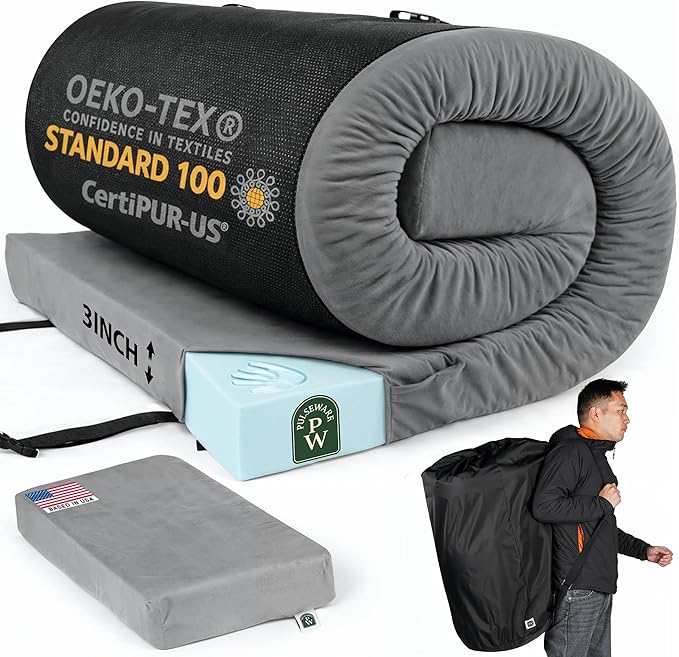 100% Pure Roll Up Memory Foam Camping Mattress with Waterproof Cover & Phone Pocket – Portable 3inch CertiPUR-US Sleeping Pad with Travel Bag for Camping, Car, Tent, SUV, Pets, Guest Bed