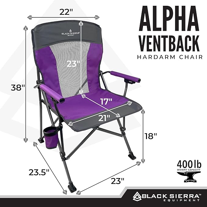 Black Sierra Camping Chair – Folding Portable Lawn & Beach Chair with Padded Hard Armrest, Mesh Vented Back, Spacious, Cup Holder, Carry Bag – Supports 300 lbs for Sports