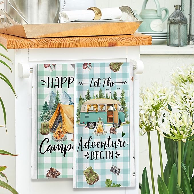 Camping Gifts for Women, Happy Camper Kitchen Towels, Funny Sayings Dish Towels Set of 2 for Camping Lovers, Farmhouse Camping Tent RV Hand Tea Towels for Housewarming Birthday Christmas, 18x26 Inches