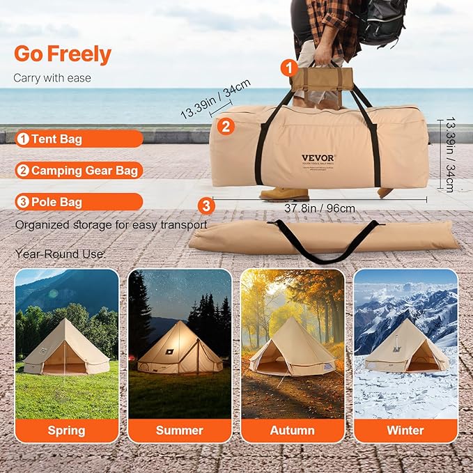 VEVOR Canvas Tent Bell, Yurt 4 Seasons for Camping with Stove Jack, Breathable Holds up to 4 People, Family Camping Outdoor Hunting Party