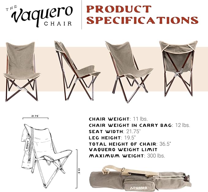 CHAMA Vaquero Chair & Travel Bag - Slate and Bone- Beautiful Outdoor Wood and Canvas Portable Folding Chair Ideal for Camping, Patios, Lawns, or Indoor Use - Supports 300 lbs
