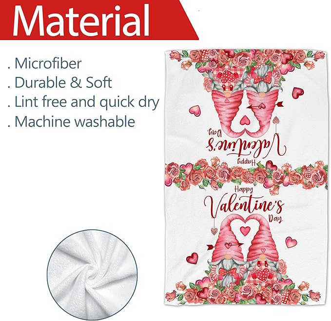 Valentines Day Kitchen Towels, Valentine Towels Set of 2, Gnomes Love Hearts Roses Happy Valentine's Day Hand Dish Tea Towels for Bathroom Housewarming Gifts Decorations for Home (18x28 Inches)