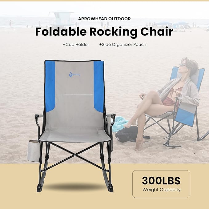 ARROWHEAD OUTDOOR Foldable Rocking Camp Chair with Large Cup Holder, Side Pocket, Space-Saving Folding, Enhanced Swinging Rocker for Camping, Fishing, Patio