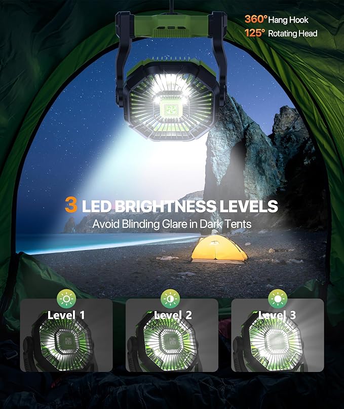 Battery Powered Fan -Lash Fans with Led Lantern, Portable Rechargeable, Battery Operated for Mobile Phone, Hook 4 Speed Quiet Personal for Desk Fan, Travel, Fishing, Power Outage, Hurricane-Green