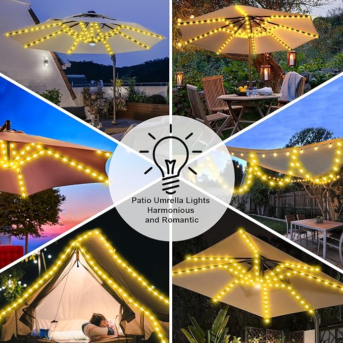 ZNYCYE Solar Umbrella Lights, 8 Strands Patio Umbrella Lights Outdoor with 8 Modes 3V Solar Panel Clip 112 Led Outdoor Waterproof for Beach Deck Garden Camping Tents Party Decoration(Warm White)