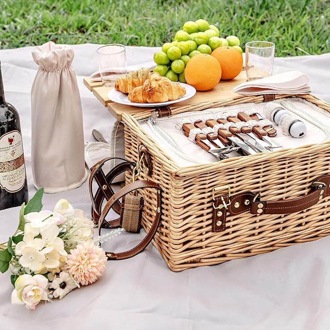 Multifunctional Wicker Picnic Basket Set for 4 Blanket Family Folding Wine Table,Insulated Portable Extra Big Storage Capacity Natural Woven Rattan Canasta De Full Tablewares Camping Outdoor Flowers
