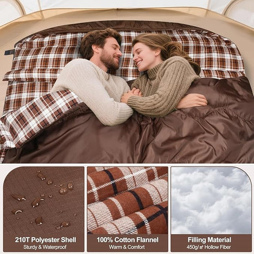 0 Degree Flannel Double Sleeping Bag for Adults, Couples or Family - Winter Queen Size Waterproof & Warm 2-Person Sleeping Bag for Cold Weather Camping, RV Travel