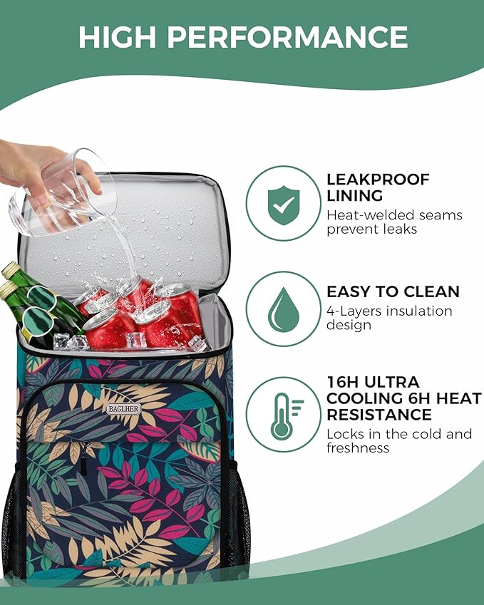 BAGLHER Lightweight Insulated Cooler Backpack - 30 Cans, Leak-Proof for Lunch, Picnic, Hiking, Camping Trips