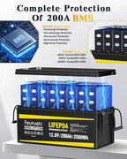 12V 200Ah Lithium LiFePO4 Battery, Built-in 200A BMS, 2560Wh Energy Storage, Iron Phosphate 8000-15000 Deep Cycles Battery for Solar, Trolling Motor, RV