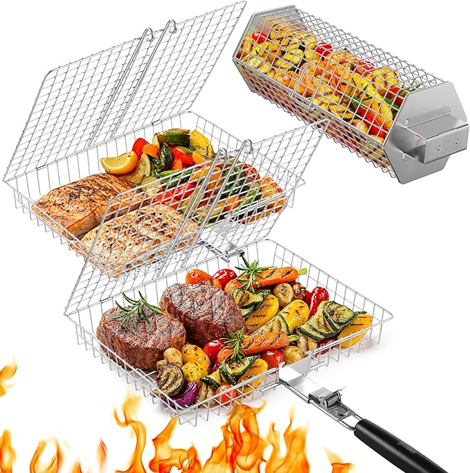 Grill Baskets for Outdoor Grilling, 3PCS Grilling Baskets with Removable Handle, Stainless BBQ Accessories for Vegetables, Fish, Shrimp, Outdoor Camping Cooking Tools Gifts for Men Dad