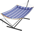 SUPERJARE Hammock with Stand, 2 Person Heavy Duty Hammock with Padded Cotton, Detachable Pillow & Strong Curved-Bar & Portable Carrying Bag, Perfect for Outdoor & Indoor, Navy Blue Stripe