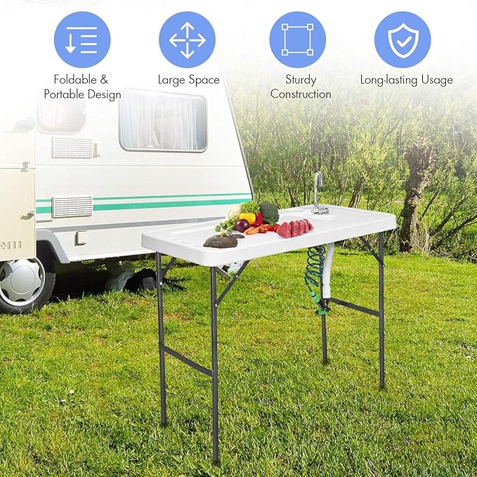 GYMAX Fish Cleaning Table with Sink, Folding Fish Cleaning Station with Adjustable Spray Cleaner, Foldable & Rotatable Faucet, Portable Fillet Table for Outdoor Camping, Fishing, Picnic