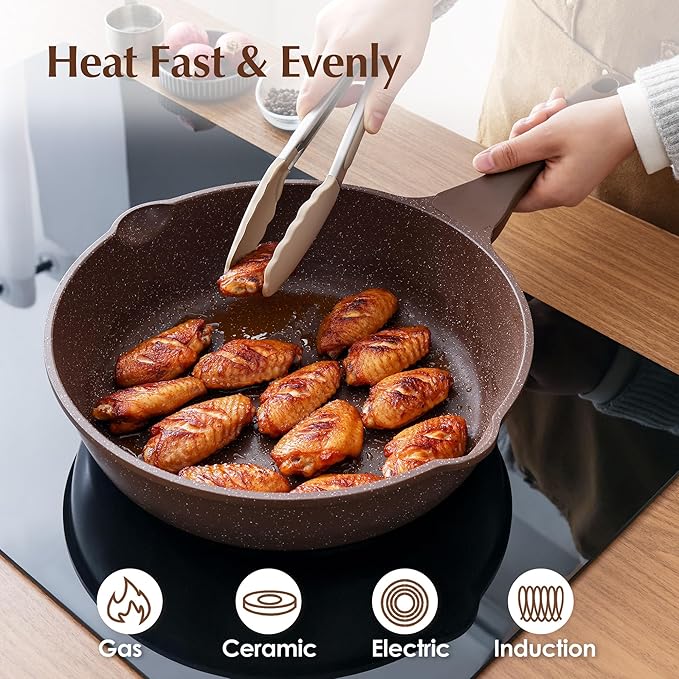 SENSARTE Nonstick Deep Frying Pan Skillet, 12-inch Saute Pan with Lid, Stay-Cool Handle, Healthy Cookware Cooking Pan with Cover, Induction Compatible (Toffee Brown)