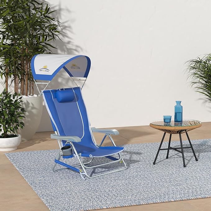 GCI Outdoor Sunshade Backpack Beach Chair | Reclining Folding Canopy Chair with Durable Armrests, Drink Holder & Carry Straps, Perfect for Beach Trips & Picnics — Saybrook Blue