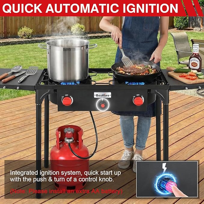 Bestfire 2 burner Camping Stove with Auto Ignition Button,Side Shelves & Regulator150,000 BTU High Pressure Gas Stove Propane Burner With Removable Legs for Outdoor BBQ&Backyard Cooking Camping Home