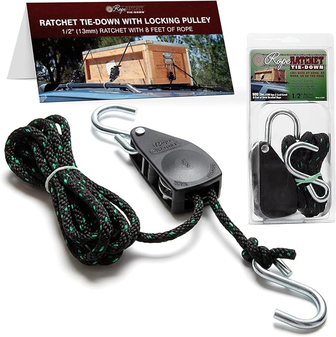 Rope Ratchet 1/2" with Locking Pulley, Adjustable Hanger for Grow Lights, Canopies, Kayaks, Tents, Camping, 8' Braided Polypropylene Rope, 500 lb Capacity, Ideal for Roof Rack, Tarp, Canoe Tie Downs