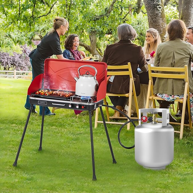 HAPPYGRILL Portable Camping Stove, 2-Burner Propane Grill Cooker with Removable Leg Stand, Roast Grill, Dual Control Knobs, Wind Guards, Outdoor Gas Grill for Camping BBQ Picnic, Red
