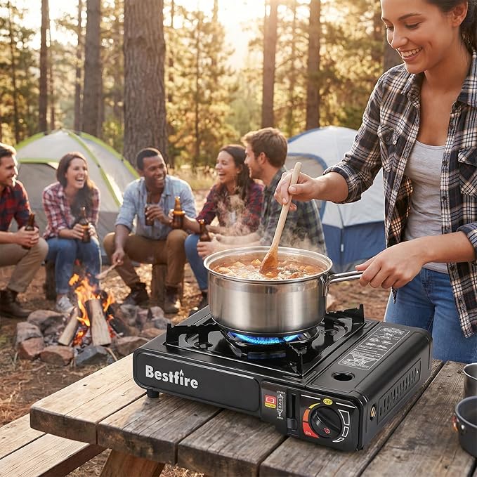 BESTFIRE Portable Dual Fuel Camping Stove – Reliable Butane & Propane Gas Stove with Carrying Case & Adapter – Single Burner for Outdoor Cooking, Tailgating & Emergency