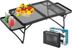 Small Low Camping Table with 2 Wing Panels, Folding Low Picnic & Outdoor Table with 2 Shelves, Lightweight & Easy Carry for Beach, Fishing, Sturdy Steel Mesh Top (3 FT, Black)