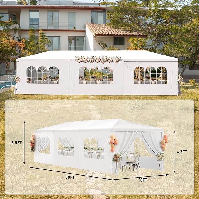 Outdoor Party Tent 10x30 Wedding White Tents for Parties, Heavy Duty Canopy Event Gazebo Shelter with 8 Removable Sidewalls Waterproof Party Wedding BBQ Events