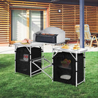 GYMAX Folding Camping Table, Portable Kitchen Table with 2 Zipper Organizer Shelf & Wind Screen, Foldable Cooking Table for Camping Hiking Picnic BBQ (Black)