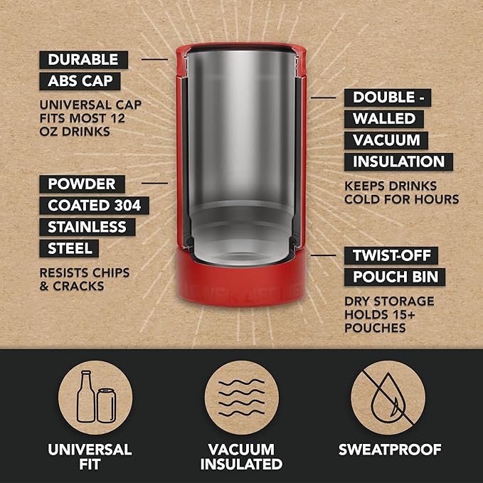 DUALIE Lower Deckie - Insulated 12 oz Can Cooler with Pouch Container - Universal Drink Holder with Built-in Pouch Bin - Choose Your Color