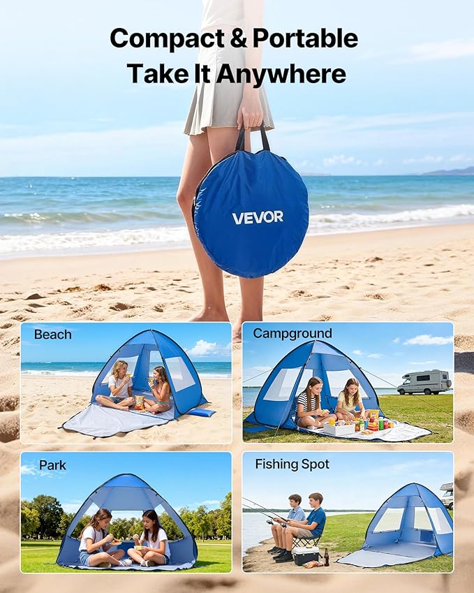 VEVOR Beach Tent Sun Shelter for 2 Person, UPF 50+ Protection, Portable Sun Shade Beach with Carrying Bag & Sand Pockets, Lightweight and Easy Setup Beach Umbrella for Camping Fishing Outdoor Picnic