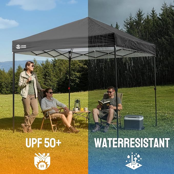 CROWN SHADES 8x8 Pop Up Canopy - Patented Center Lock One Push Instant Outdoor Canopy Beach Tent with STO-N-Go Bag 8 Stakes & 4 Sand Bags，Grid Grey