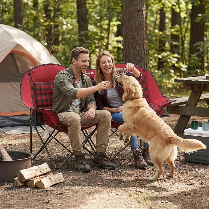 SUNNYFEEL Double Camping Chair Portable Folding Loveseat for 2 Adults Heavy Duty Oversized Camping Couch 600 lbs with Cup Holders & Storage for Outdoor Camping, Beach, Lawn, Patio RV & Indoor Use Red