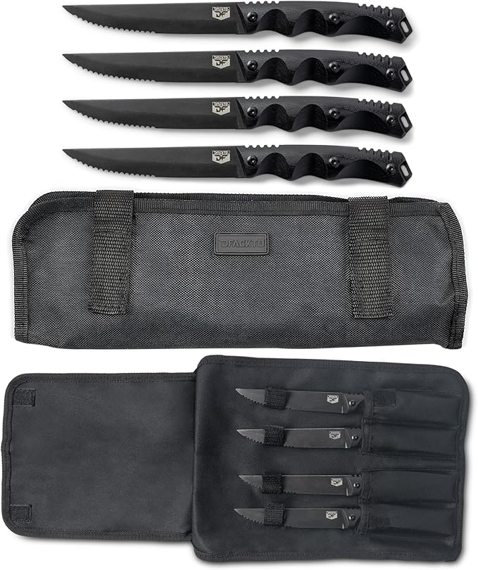 DFACKTO 4-PC Tactical Rugged 4.5 Inch Steak Knife Set - High Carbon Stainless Steel Stonewashed Knives in Kit, w/Black Travel Case & G10 Handles for Kitchen Cutlery for Camping & Cooking Utensils
