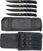DFACKTO 4-PC Tactical Rugged 4.5 Inch Steak Knife Set - High Carbon Stainless Steel Stonewashed Knives in Kit, w/Black Travel Case & G10 Handles for Kitchen Cutlery for Camping & Cooking Utensils