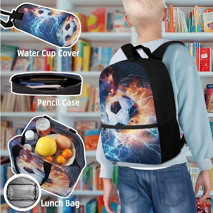 Football Backpack Set 17 Inch with Lunch Box and Water Bottle Bag Pencil Case Big Capacity Lightweight Kids Backpacks for Travel Camping Travel Kindergarten Elementary Middle Bags for School