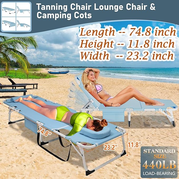 ABORON Patio Lounge Chair, Folding Guest Bed Cot for Adults, 500LB Heavy-Duty Capacity, Portable Extra Bed with Comfort Mat, Quick Fold Design for Indoor Guest Stays & Temporary Use