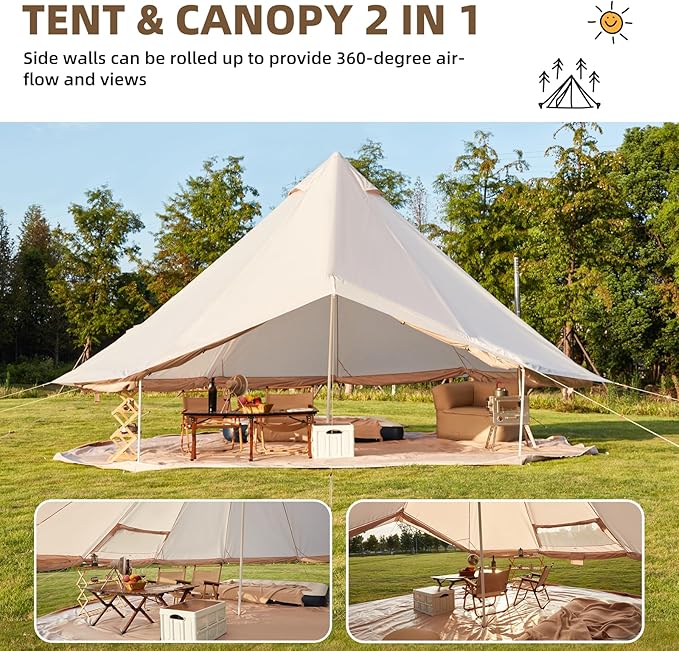 YOLENY Bell Tent, Yurt Tent 4/6/8/10 Person 4 Season Waterproof Glamping Tents w/Stove Jack for Family Camping Outdoor Party, Glamping Tents for Camping - 10/13.1/16.4FT