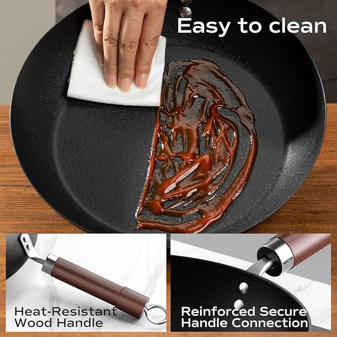 Carbon Steel Frying Pan, Pre-Seasoned 12-Inch Cooking Skillet Wooden Handle, PFAS & PFOA-Free, Nitrided Black Fry Pan for Kitchen, Camping, Chef Use