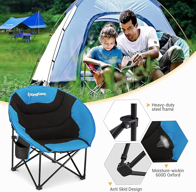 KingCamp Oversized Saucer Round Camping Chair Portable Padded Outdoor Folding Chair for Adult with Cup Holder Back Pocket Carry Bag, Support Up to 300lbs, Blue