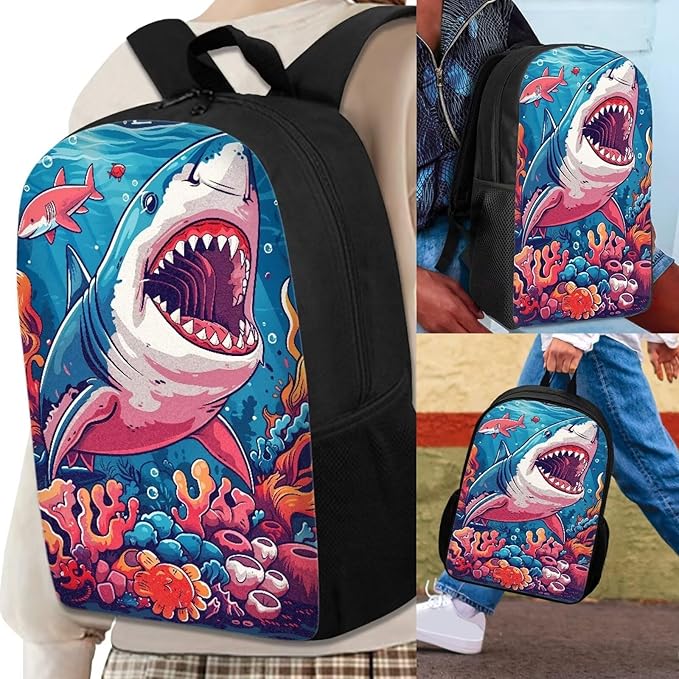 3PCS Cartoon Seaweed Shark Backpack for Boys 17 Inch Large Capacity Boys Bookbag 10-12 Years Old Lightweight Teens School Bag with Lunch Bag for School Travel Hiking Daypack