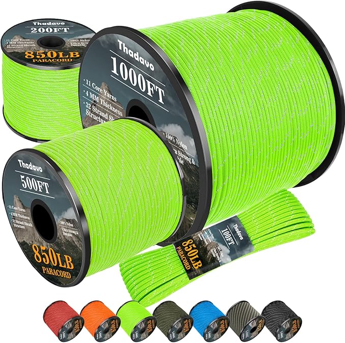Reflective Paracord Rope 850Ib, 50/100/200/500/1000ft 4MM 11 Strand Parachute Spool Cord, Paracord Lanyard String for Tent, Camping, Clotheline, Hiking, Fishing, Bracelet, Neon Green 100FT