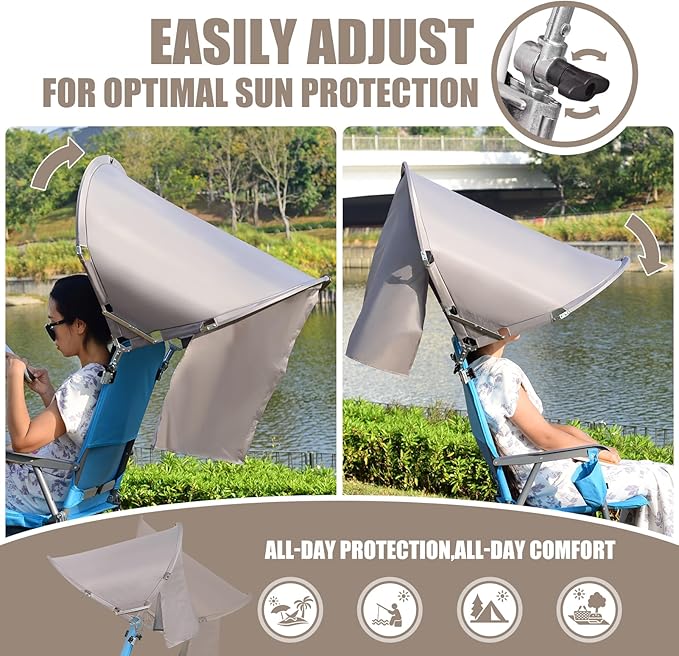 XL Universal Beach Chair Umbrella Canopy, UPF 50+ Chair Sun Shade Attachment with Adjustable Clamp for Camping, Lawn, Wheelchair, Tanning, Zero Gravity, Lounge, Fishing, Outdoor Chairs, Oversized