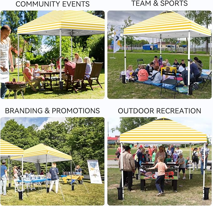 Nazhura 10' x 10' Pop Up Canopy with Sand Weight Bag, Awing for Patio, Freestanding Sun Shelter for Picnic and Camping, One Person Setup, White (Yellow Stripe)