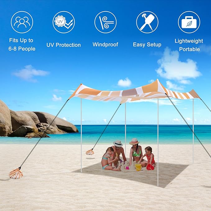 Beach Tent, UPF 50+ Beach Canopy Sun Shade, Portable 10×10 FT Large Pop-Up Beach Tent Sun Shelter with Sand Anchors, Ground Pegs, Easy Setup for Beach, Camping, Park, and Backyard Fun - Sunflower